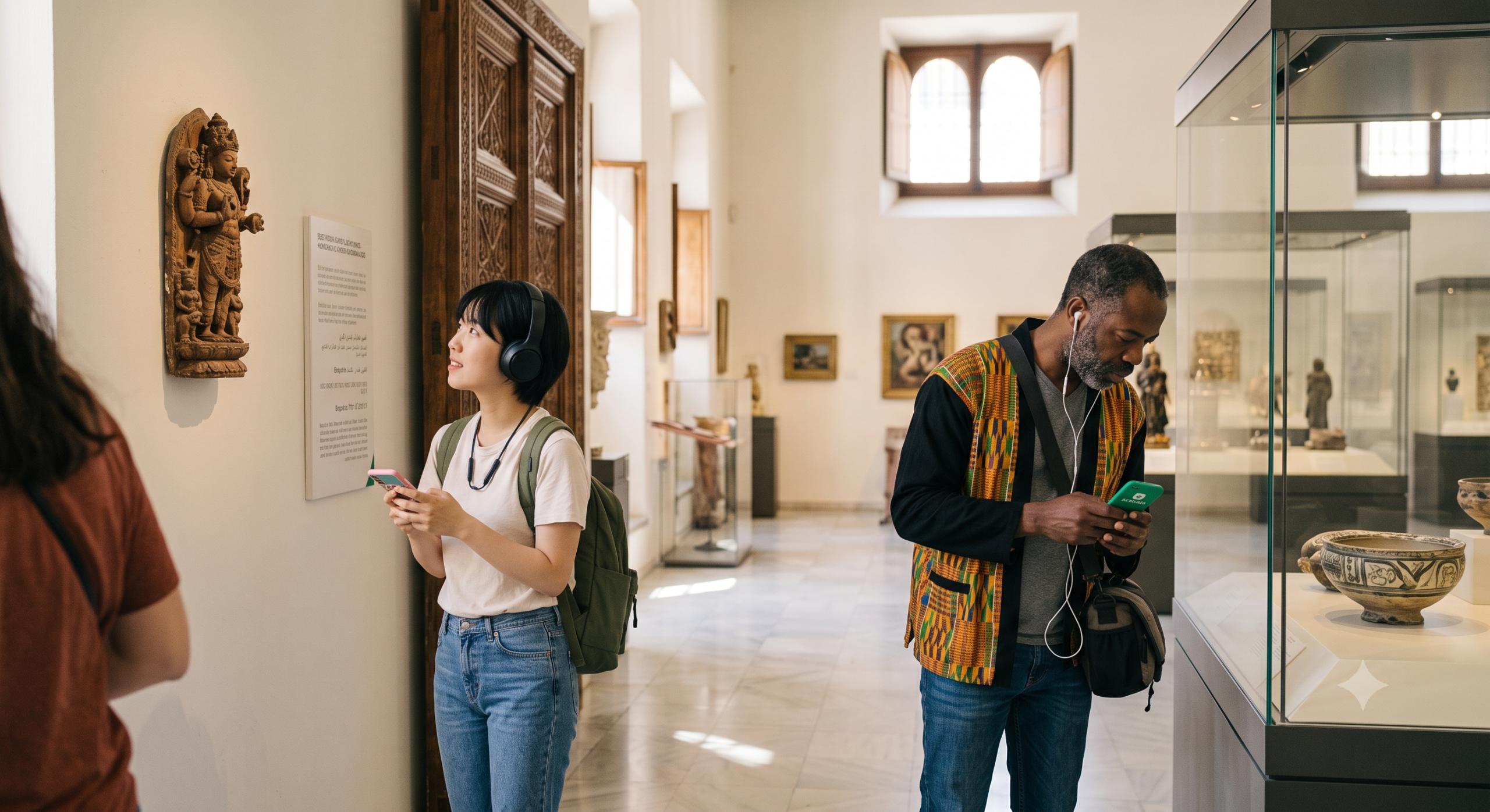 Visitantes en un museo usando su telefono con audioguia