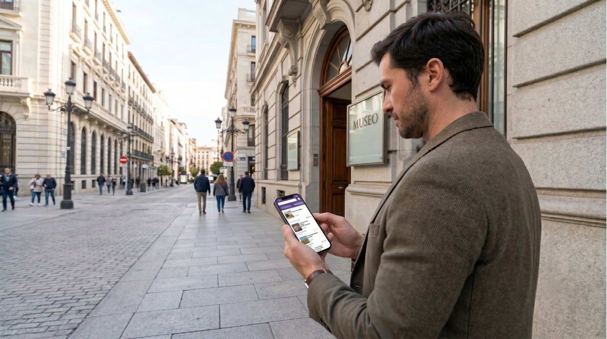 Visitante utilizando la app compartida para museos Beepaths frente a la puerta de un museo